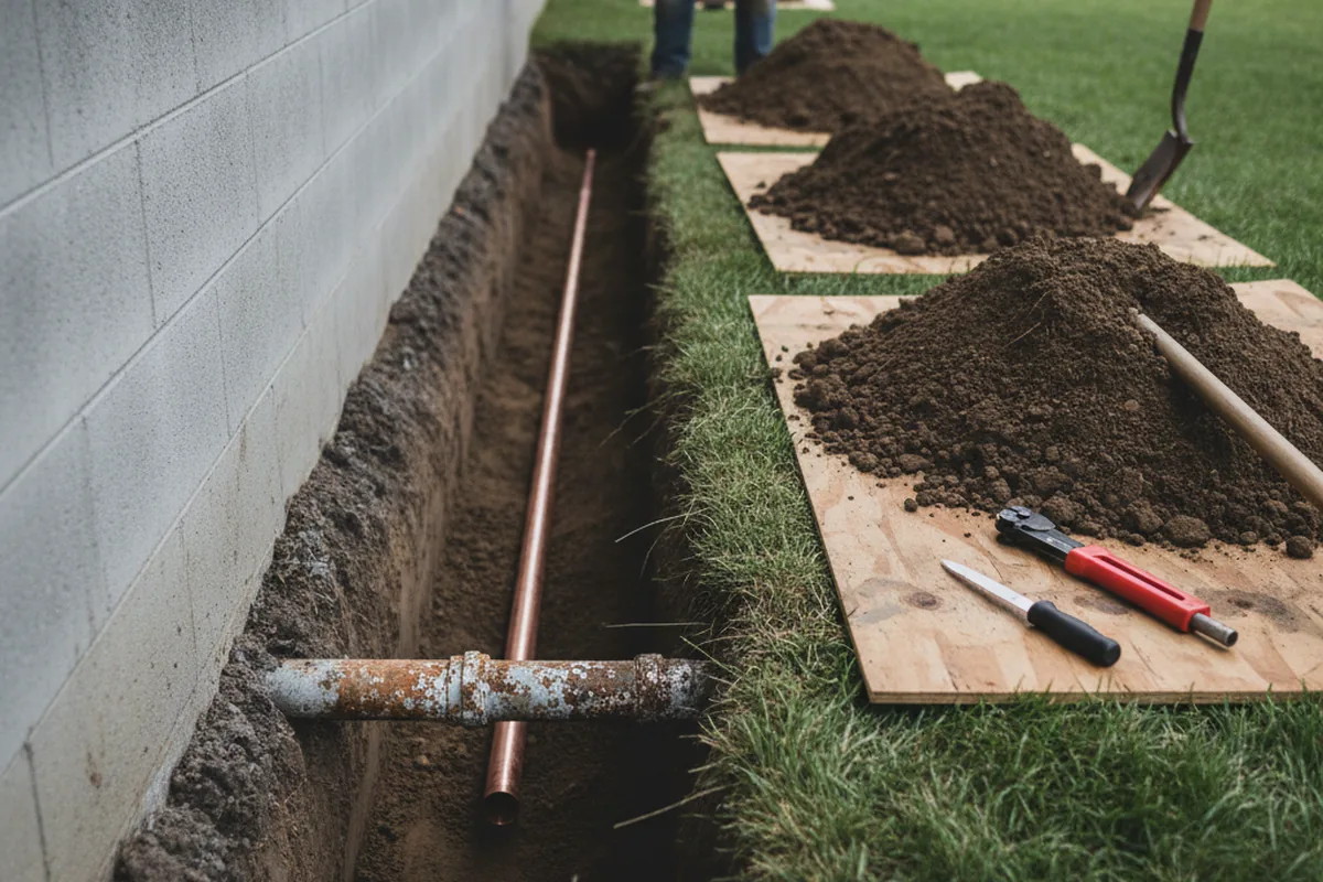 Excavated water line trench during Water Softener Installation in East Point